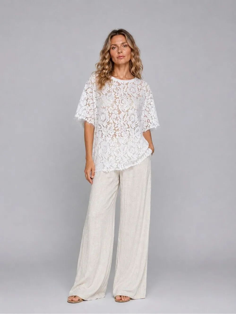 Zara White Floral Lace Oversized Blouse Sheer Boho Scalloped Hem Top S (A)